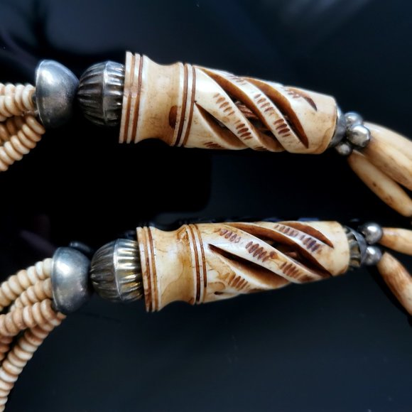 Vintage Huge Carved Cow Chunky Bone Bead Necklace Multi Strand - Picture 3 of 5